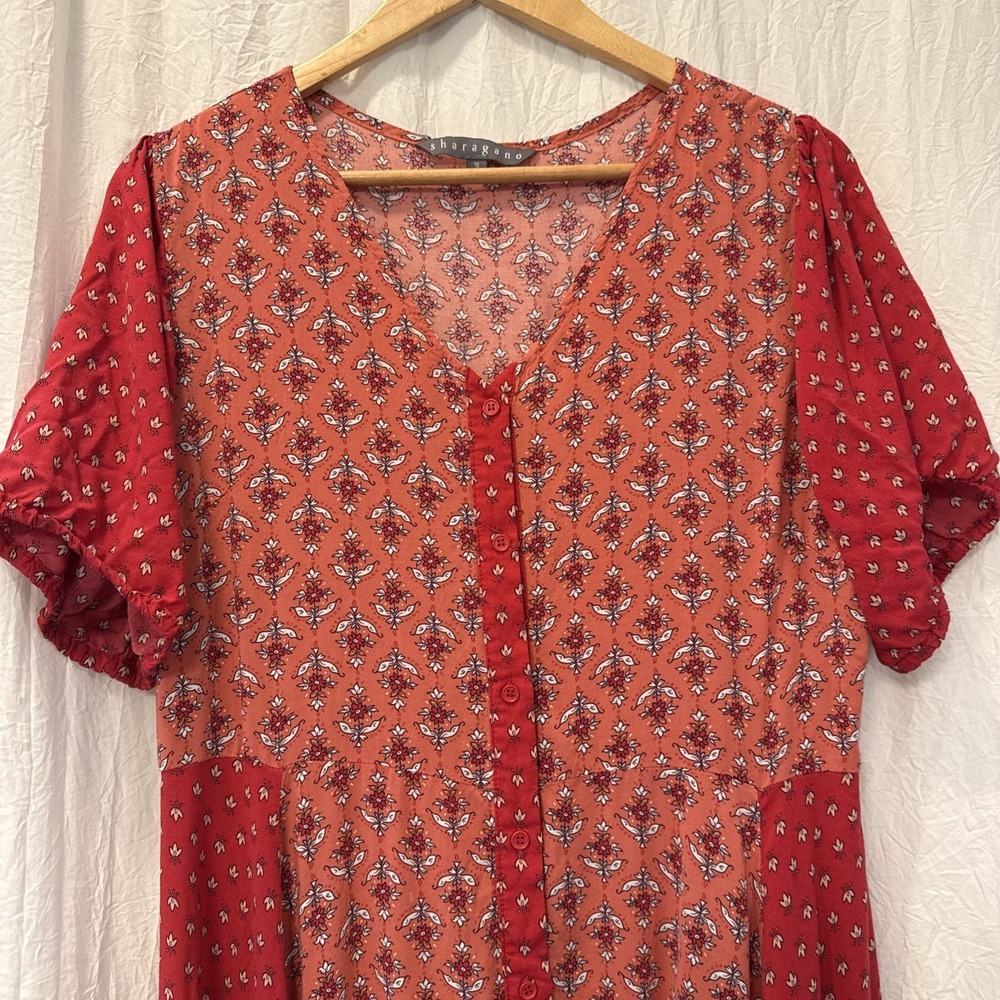 Sharagano Mixed Print Ditsy Floral Button Down Dress Size 16 Boho Asymmetrical - Picture 9 of 12